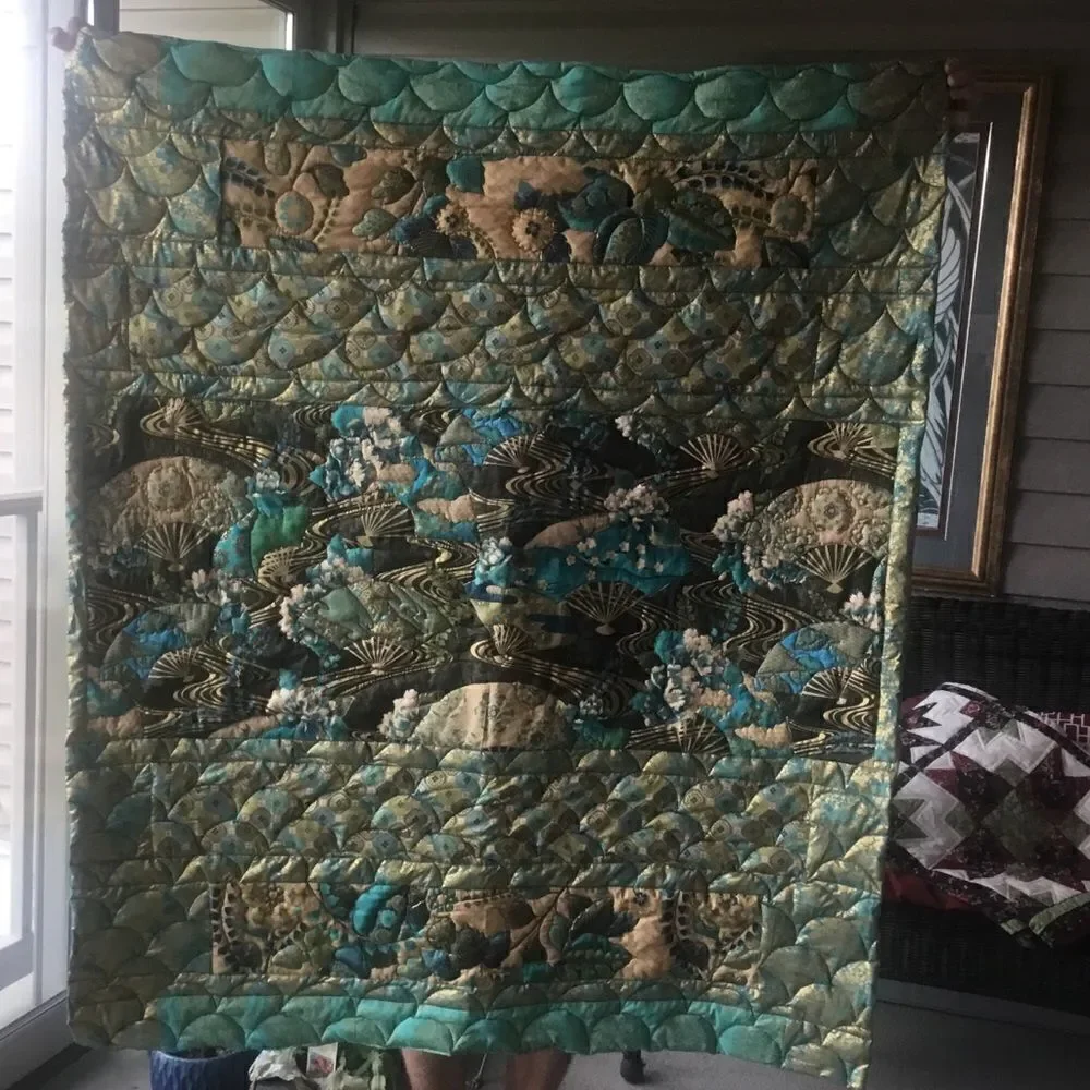 Hand Crafted Turquoise & Gold Quilt
